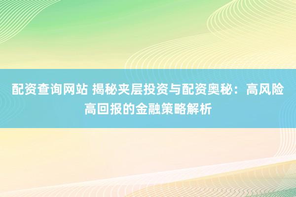 配资查询网站 揭秘夹层投资与配资奥秘：高风险高回报的金融策略解析